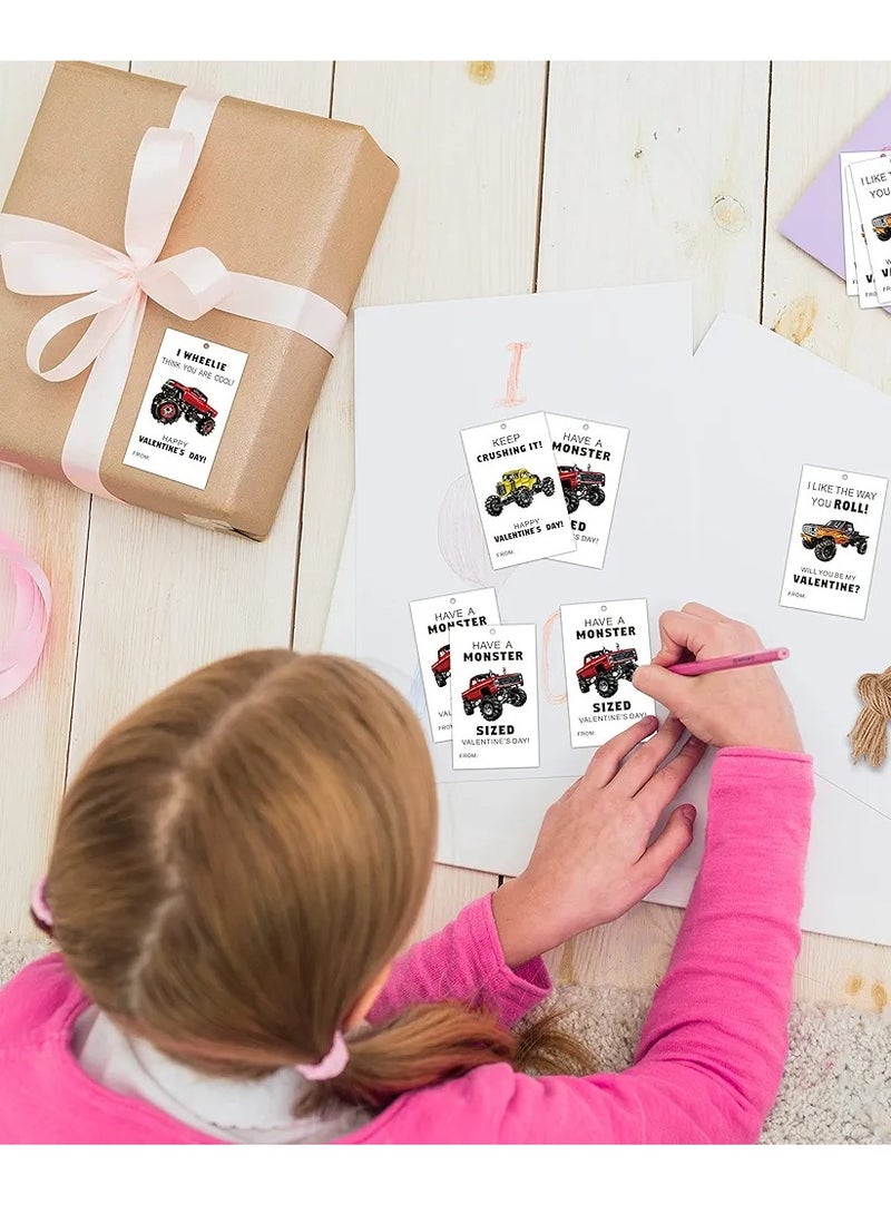 40 Pieces Valentines Day Gift Tags with String| 4 Designs of Trucks Cars Valentine's Day Hang Tags for Kids | Happy Valentine's Day Tags for Valentine Gift Wrapping Decoration - Image 3