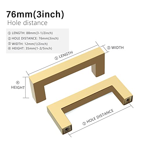 Redunest Cabinet Pulls Gold Cabinet Handles Square Drawer Pulls, 10 Pack 3 Inch Stainless Steel Kitchen Door Cupboard Cabinet Handles, Drawer Hardware Handles, 76mm Hole Centers - Image 2
