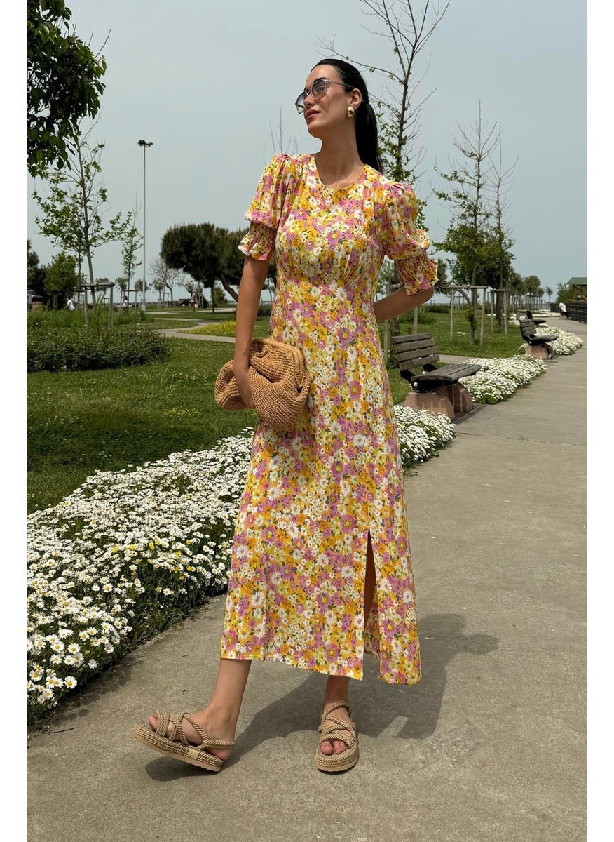 For You Moda فستان أصفر طويل مزخرف بقصة شق وأكمام من الفيسكوز الطبيعي  - Image 1