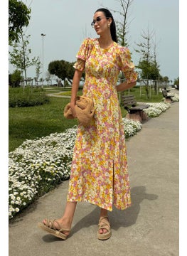 For You Moda فستان أصفر طويل مزخرف بقصة شق وأكمام من الفيسكوز الطبيعي  - Image 3
