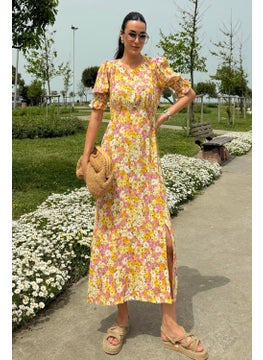For You Moda فستان أصفر طويل مزخرف بقصة شق وأكمام من الفيسكوز الطبيعي  - Image 2
