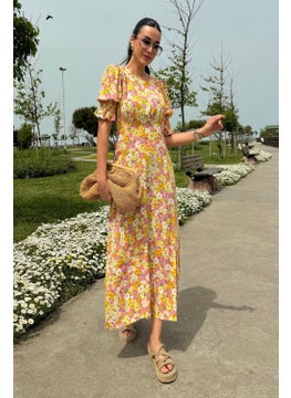 For You Moda فستان أصفر طويل مزخرف بقصة شق وأكمام من الفيسكوز الطبيعي  - Image 4