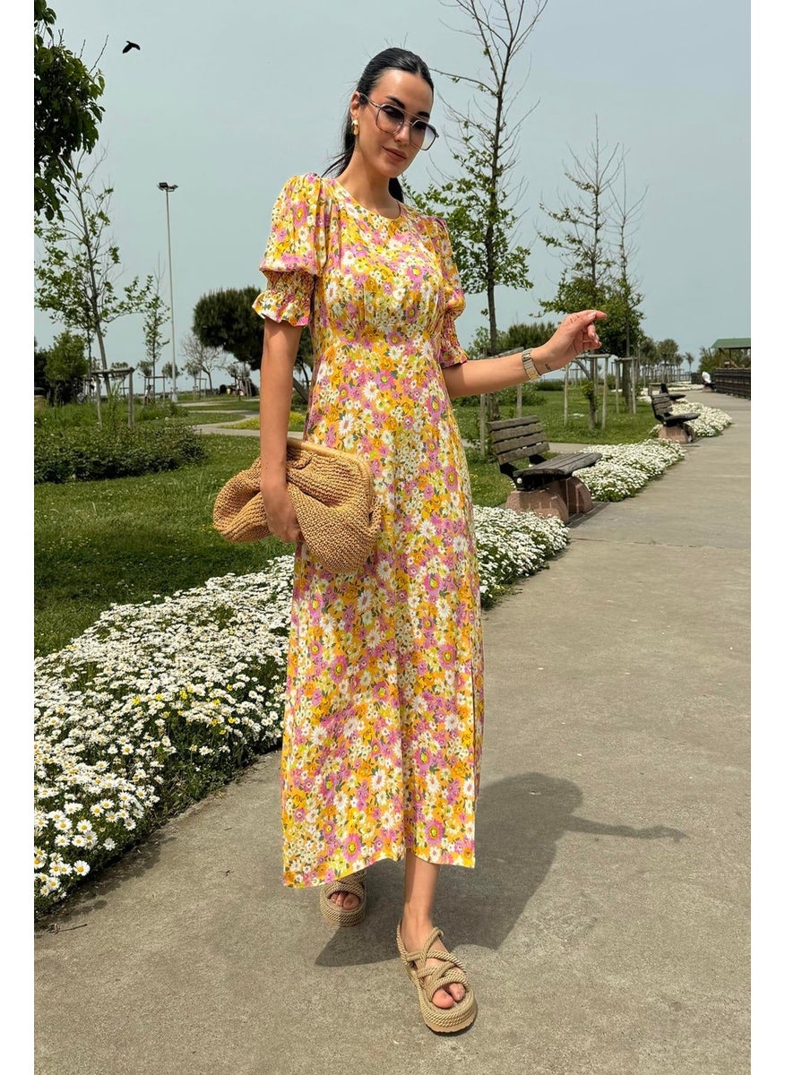 For You Moda فستان أصفر طويل مزخرف بقصة شق وأكمام من الفيسكوز الطبيعي  - Image 4