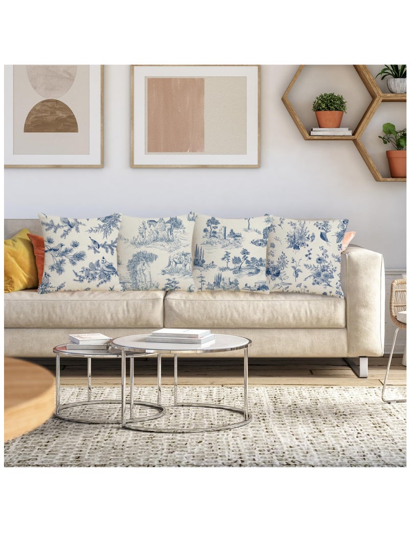 Excefore أغطية وسائد تويل 18x18 بوصة مجموعة من 4 غطاء وسادة من الريف الفرنسي زرقاء عتيقة تشينوازري غطاء للوسائد الزخرفية للكنبة غرفة المعيشة - Image 3