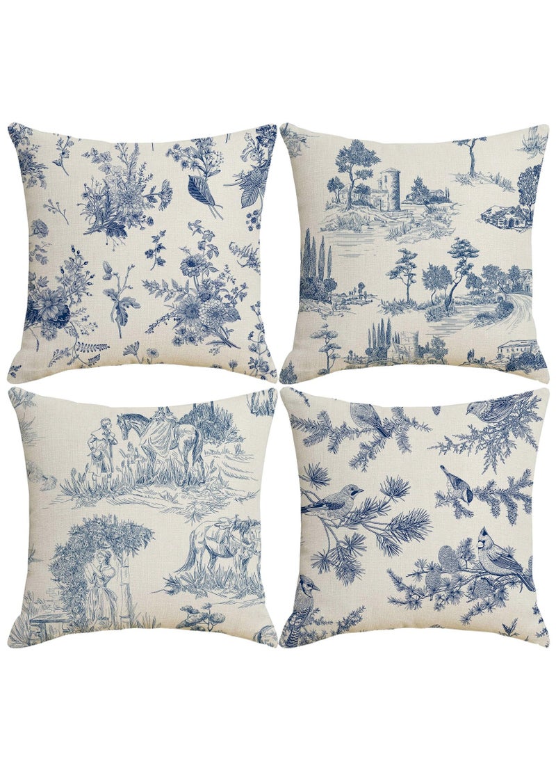 Excefore أغطية وسائد تويل 18x18 بوصة مجموعة من 4 غطاء وسادة من الريف الفرنسي زرقاء عتيقة تشينوازري غطاء للوسائد الزخرفية للكنبة غرفة المعيشة - Image 1