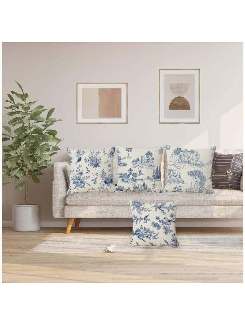 Excefore أغطية وسائد تويل 18x18 بوصة مجموعة من 4 غطاء وسادة من الريف الفرنسي زرقاء عتيقة تشينوازري غطاء للوسائد الزخرفية للكنبة غرفة المعيشة - Image 4