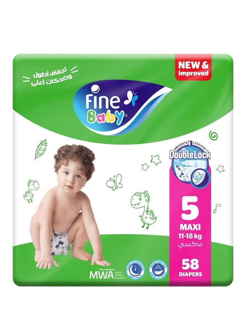 Fine Baby Diapers, Size 5 Maxi (11-18 kg), 58 Count, New & Improved with DoubleLock