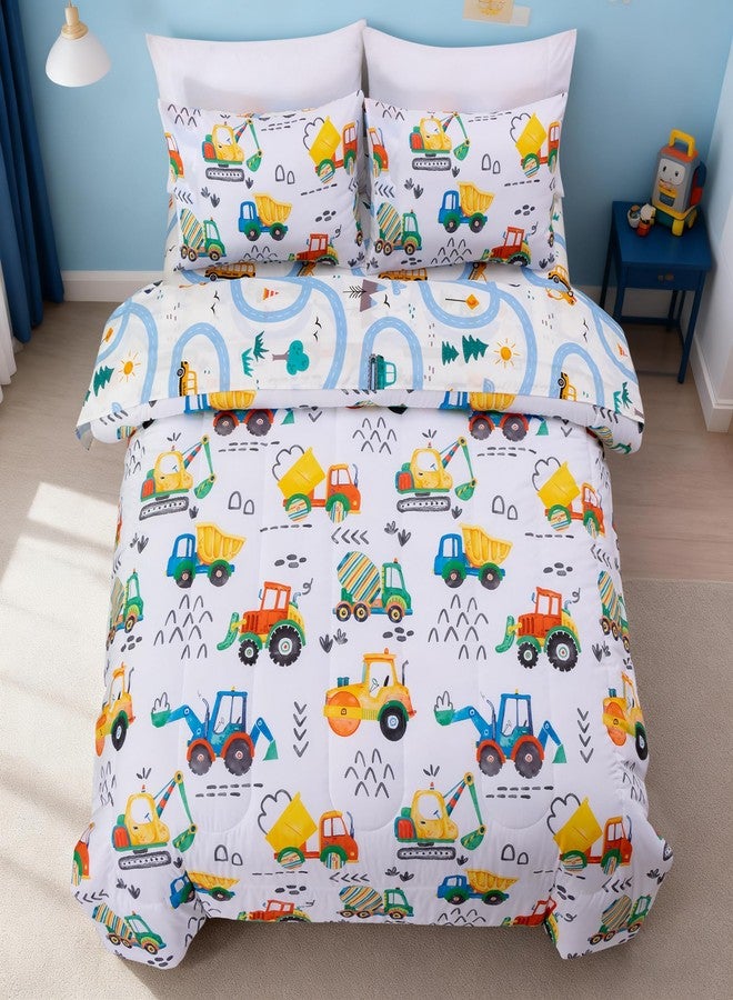 NTBED طقم لحاف مزدوج من 5 قطع من NTBED بتصميم شاحنة بناء، مناسب للأولاد والأطفال، مصنوع من ألياف دقيقة خفيفة الوزن، برسومات مركبات ملونة وحفارات. - Image 1