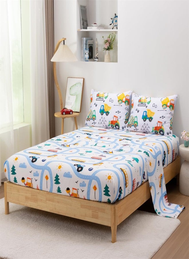 NTBED طقم لحاف مزدوج من 5 قطع من NTBED بتصميم شاحنة بناء، مناسب للأولاد والأطفال، مصنوع من ألياف دقيقة خفيفة الوزن، برسومات مركبات ملونة وحفارات. - Image 4