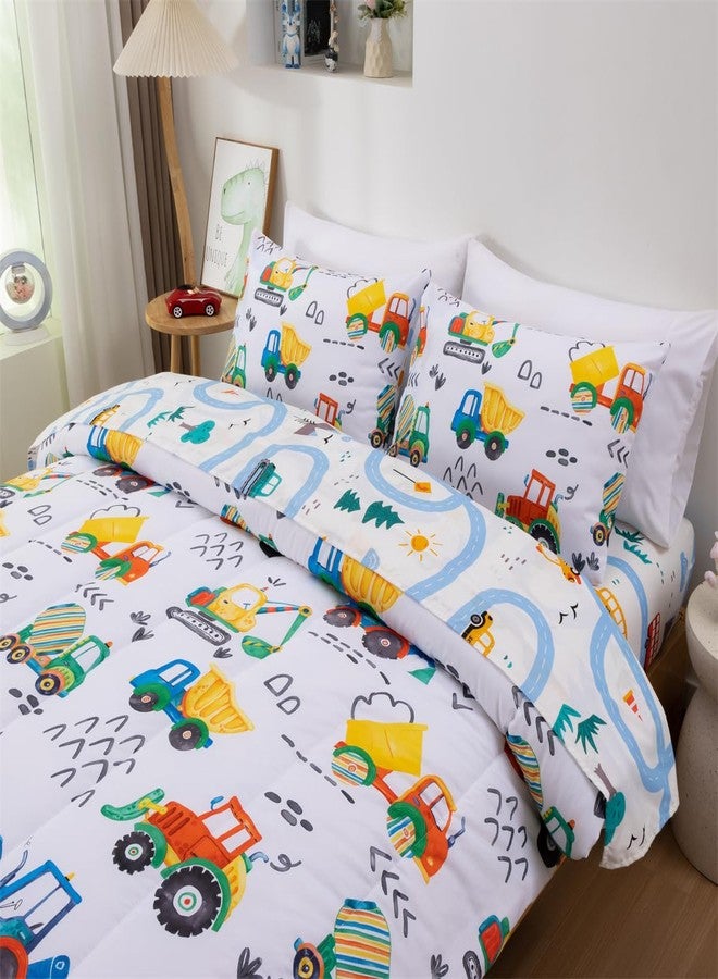 NTBED طقم لحاف مزدوج من 5 قطع من NTBED بتصميم شاحنة بناء، مناسب للأولاد والأطفال، مصنوع من ألياف دقيقة خفيفة الوزن، برسومات مركبات ملونة وحفارات. - Image 3