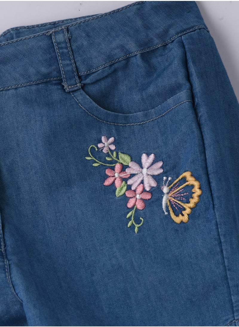 Jelliene Girls Blue Embroidered Denim Shorts  - Image 3