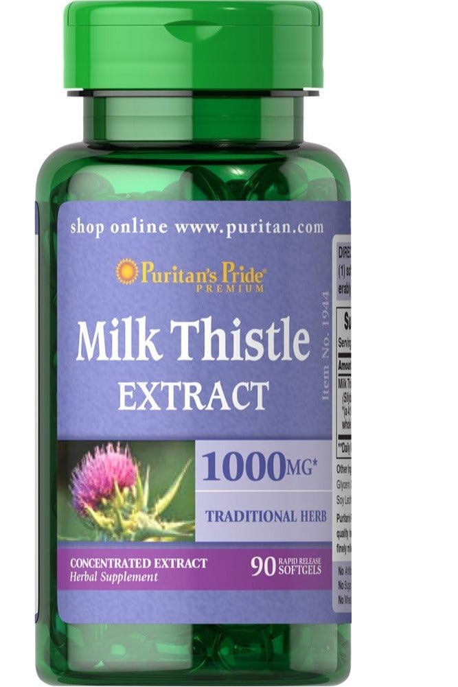 Puritan's Pride Milk Thistle 1000mg, 4:1 Extract Silymarin 90 Count 3 months supply