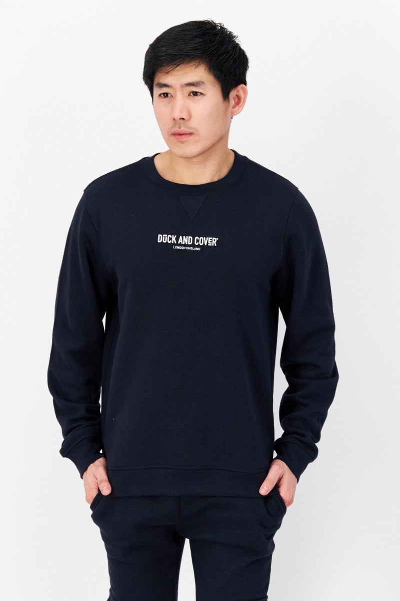 DUCK AND COVER Men 2 Pcs Crew Neck Brand Logo Sweatshirts And Cargo Jogger Pant, Navy Blue - Image 3