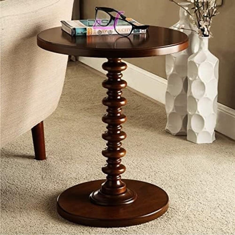Dream Arts Round Wooden Side Table for Living Room with Pedestal End Table (Brown) - Image 5