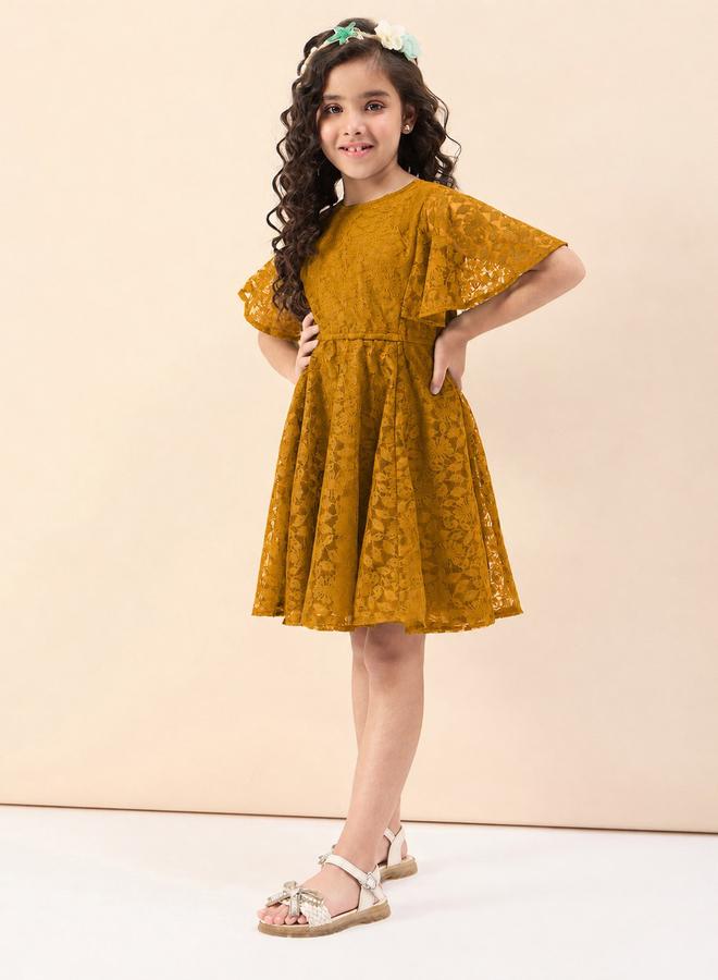 Stylo Bug Girls Solid Round Neck Half Sleeves A-Line Dress - Image 1