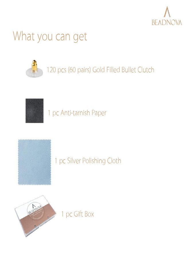 BEADNOVA Earring Backs Replacements Hypoallengeric Gold Plated Pierced Earring Backing Stoppers Safety Bullet Clutch Ear Stud Backs with Pad for Posts (120pcs) - Image 2