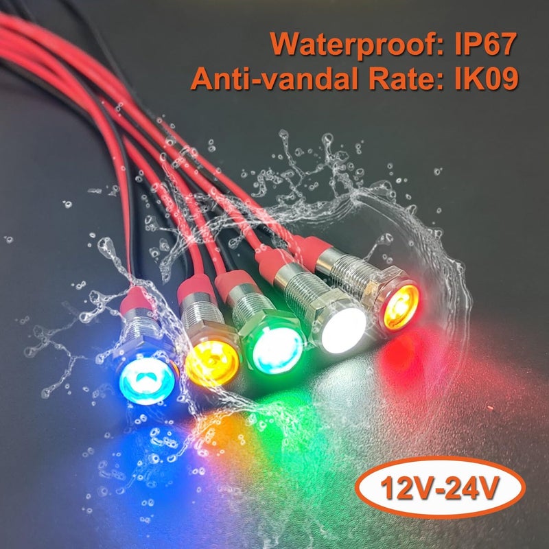 DMWD 10Pcs 6mm (1/4") 12V-24V AC/DC 20mA Meatl LED Indicator Light Wide Flat Head Waterproof Signal Lamp Pilot Dash Directional with Wire （White LED) - Image 4