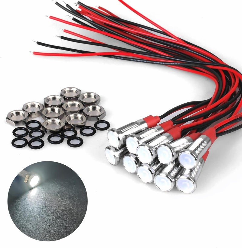 DMWD 10Pcs 6mm (1/4") 12V-24V AC/DC 20mA Meatl LED Indicator Light Wide Flat Head Waterproof Signal Lamp Pilot Dash Directional with Wire （White LED) - Image 1