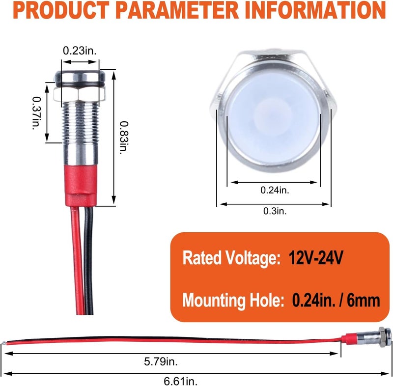 DMWD 10Pcs 6mm (1/4") 12V-24V AC/DC 20mA Meatl LED Indicator Light Wide Flat Head Waterproof Signal Lamp Pilot Dash Directional with Wire （White LED) - Image 2