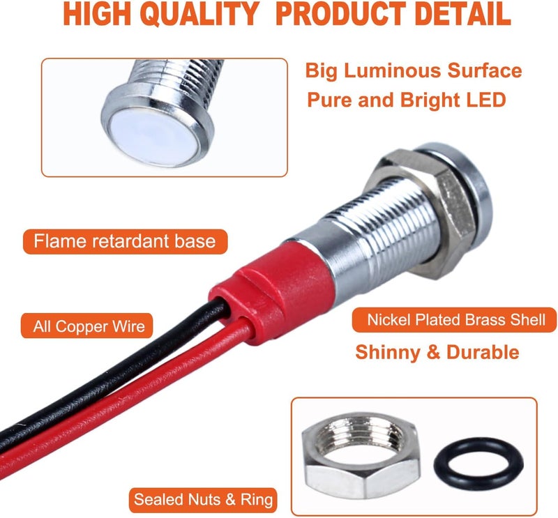 DMWD 10Pcs 6mm (1/4") 12V-24V AC/DC 20mA Meatl LED Indicator Light Wide Flat Head Waterproof Signal Lamp Pilot Dash Directional with Wire （White LED) - Image 3