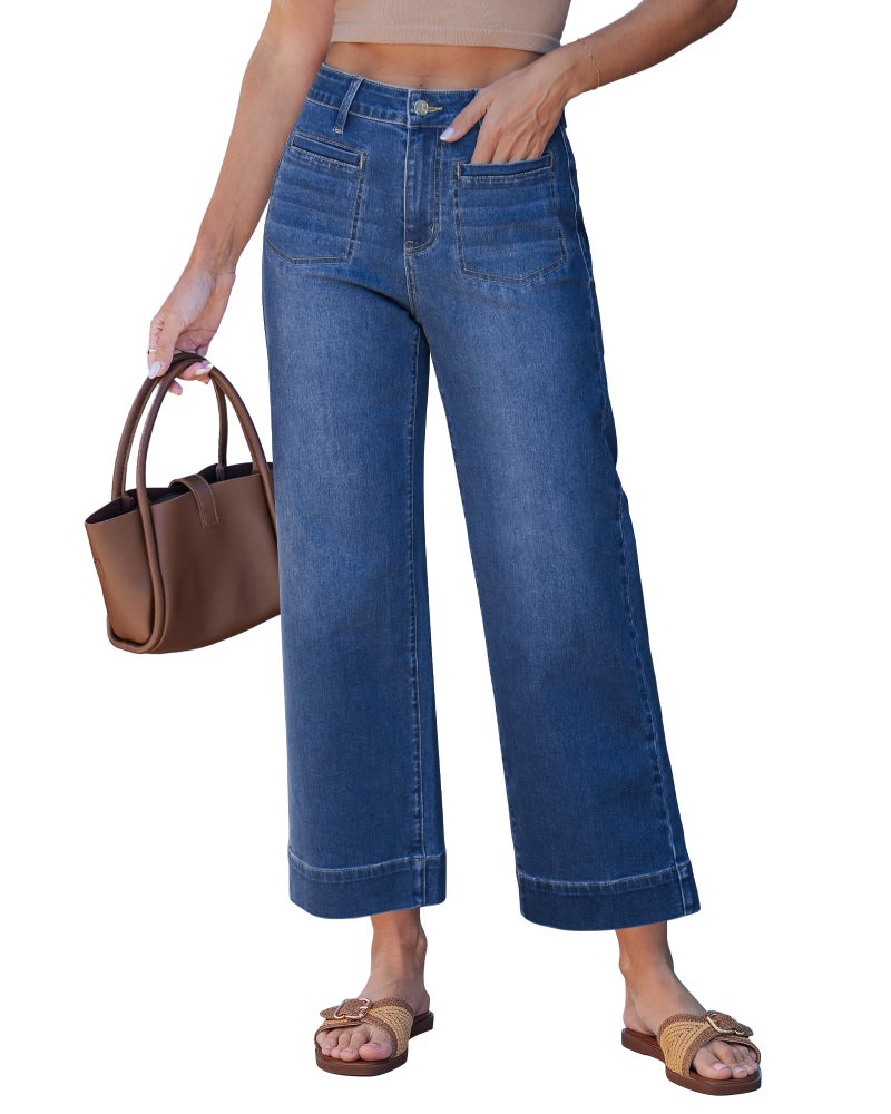 GRAPENT Womens Straight Leg Jeans Denim Distressed Women's Crop Wide for Women Trendy Cropped Jeans, Classic Blue, S, US Size 4 to 6 - Image 1