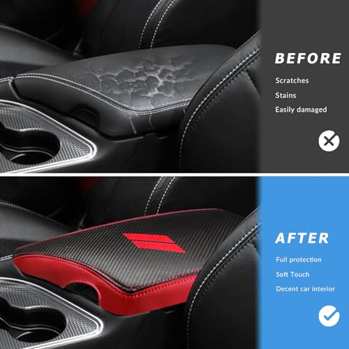 INTGET Car Center Console Cover for 2023 2022 Dodge Challenger Accessories 2021 2020 2019 2018 2017 2016 2015 Armrest Cover Interior Lid Protector (Carbon Fiber with Red, PU leather) - Image 2