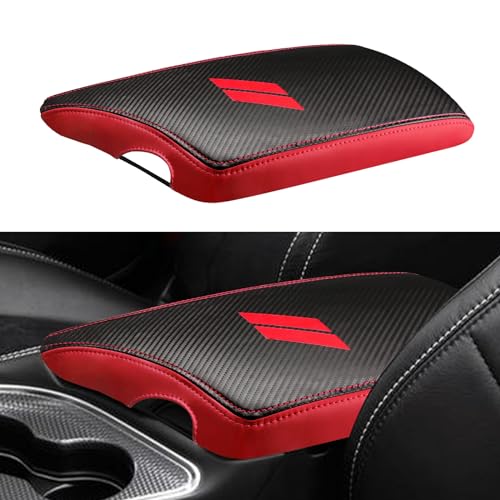 INTGET Car Center Console Cover for 2023 2022 Dodge Challenger Accessories 2021 2020 2019 2018 2017 2016 2015 Armrest Cover Interior Lid Protector (Carbon Fiber with Red, PU leather) - Image 1