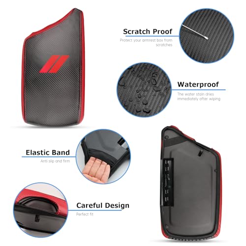 INTGET Car Center Console Cover for 2023 2022 Dodge Challenger Accessories 2021 2020 2019 2018 2017 2016 2015 Armrest Cover Interior Lid Protector (Carbon Fiber with Red, PU leather) - Image 3