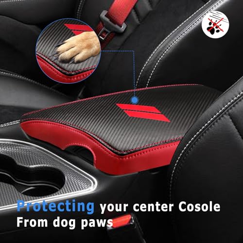 INTGET Car Center Console Cover for 2023 2022 Dodge Challenger Accessories 2021 2020 2019 2018 2017 2016 2015 Armrest Cover Interior Lid Protector (Carbon Fiber with Red, PU leather) - Image 4
