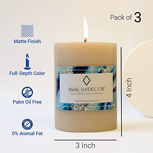 ThinkArtDecor Unscented Pillar Candles Set of 3 | 70 Hrs Each | 3X4 inch Smokeless & Dripless Wax Candles for Home Decor | Ivory - Image 3