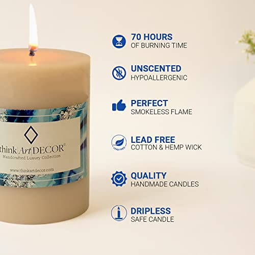ThinkArtDecor Unscented Pillar Candles Set of 3 | 70 Hrs Each | 3X4 inch Smokeless & Dripless Wax Candles for Home Decor | Ivory - Image 4