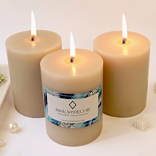 ThinkArtDecor Unscented Pillar Candles Set of 3 | 70 Hrs Each | 3X4 inch Smokeless & Dripless Wax Candles for Home Decor | Ivory - Image 1
