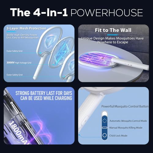 Toreto Mosquito Killer Racket, Foldable Mosquito Bat with UV Light, 3500V, 2 in 1 Auto Mosquito Killer with Charging Base Stand, Electric Fly Swatter, Lithium-ion Battery.(Grey) - Image 5