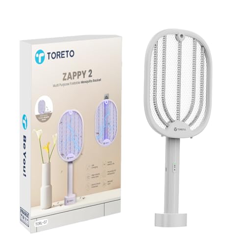 Toreto Mosquito Killer Racket, Foldable Mosquito Bat with UV Light, 3500V, 2 in 1 Auto Mosquito Killer with Charging Base Stand, Electric Fly Swatter, Lithium-ion Battery.(Grey) - Image 1