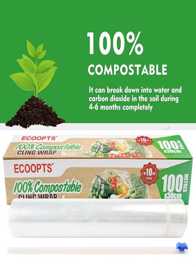 ECOOPTS 100% Compostable Plastic Cling Wrap Dispenser With Slide Cutter 12 inch Food Service Cling Film Wrap Roll - 12" x 360 Ft ECO friendly Food Wrap(The Slide Cutter stored in The Inner core of The roll) - Image 2