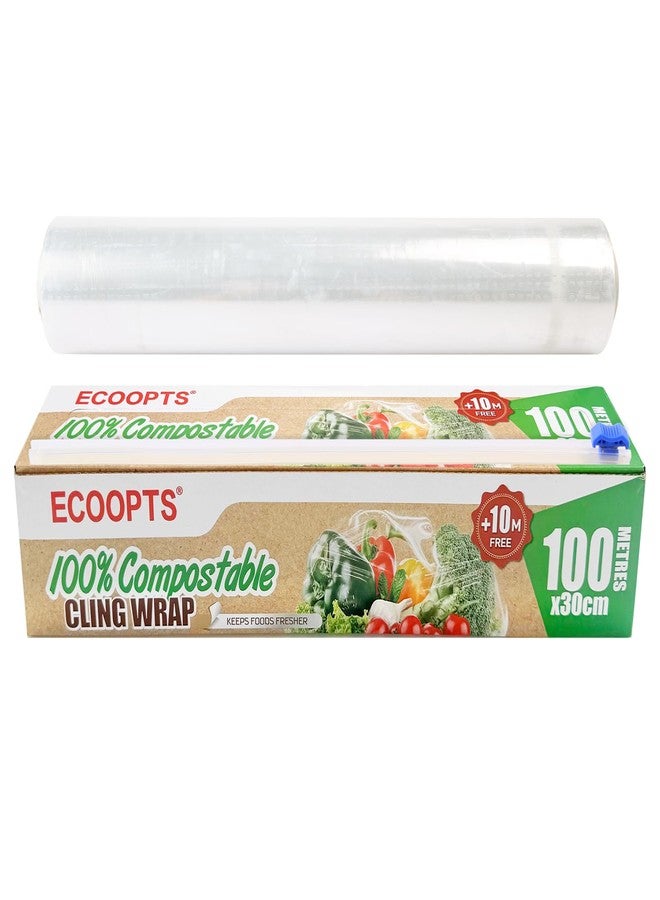 ECOOPTS 100% Compostable Plastic Cling Wrap Dispenser With Slide Cutter 12 inch Food Service Cling Film Wrap Roll - 12" x 360 Ft ECO friendly Food Wrap(The Slide Cutter stored in The Inner core of The roll) - Image 1