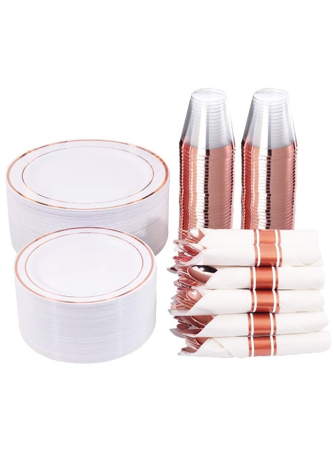 كيلا طقم أدوات مائدة بلاستيكي لامع ذهبي وردي، 175 قطعة، يكفي لـ 25 ضيفًا، أطباق فاخرة للاستخدام مرة واحدة للحفلات (ذهبي وردي). - Image 1