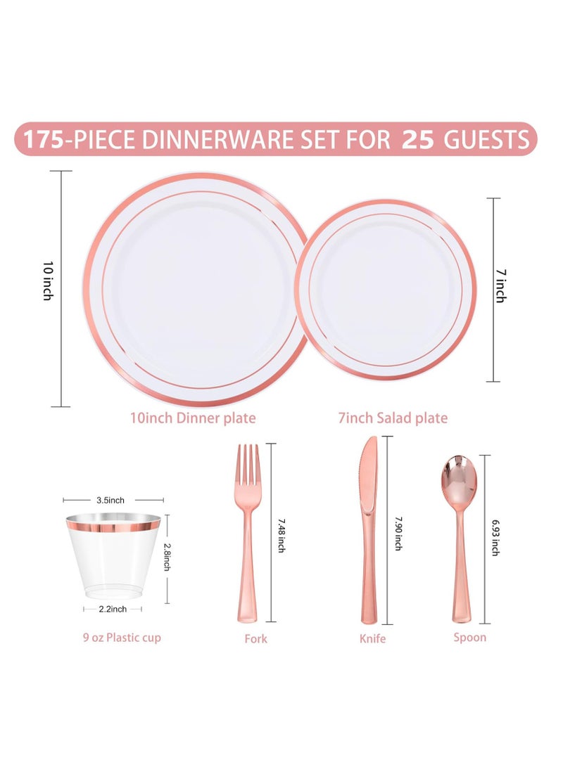 كيلا طقم أدوات مائدة بلاستيكي لامع ذهبي وردي، 175 قطعة، يكفي لـ 25 ضيفًا، أطباق فاخرة للاستخدام مرة واحدة للحفلات (ذهبي وردي). - Image 2