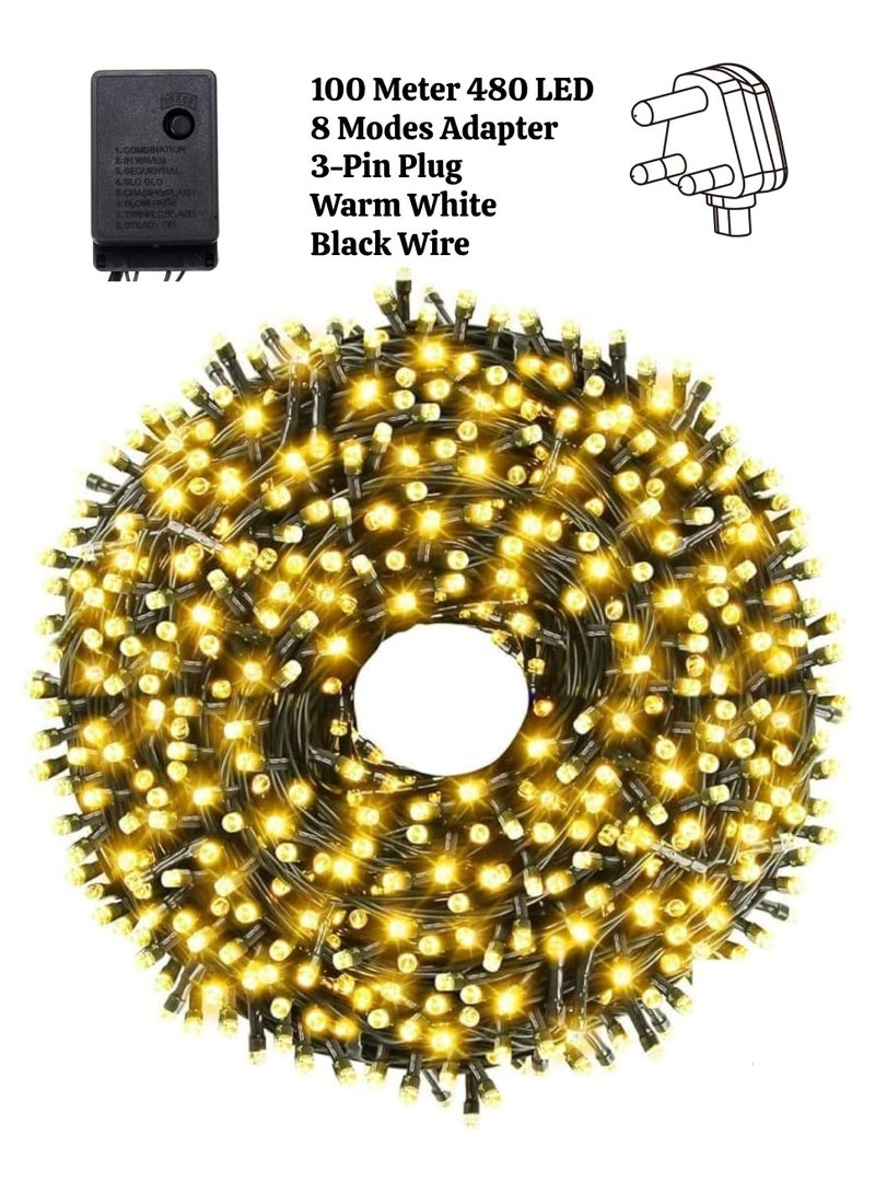 يوويل 100 متر 480 سلسلة أضواء LED أضواء الديكور ضوء أبيض دافئ 8 أوضاع LED ضوء سلك أسود لديكورات المنزل أضواء رمضان ديكور داخلي وخارجي ديكور رمضان ضوء ديوالي أضواء الستار مع 3 دبوس المملكة المتحدة التوصيل - Image 1