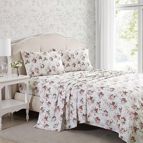 Laura Ashley Full Size Sheet Set Crisp Lightweight Cotton Percale Bedding with Fitted Sheet and Pillowcases Floral Room Decor Deep Pocket College Dorm Room Essentials Ashfield Pink - Image 3