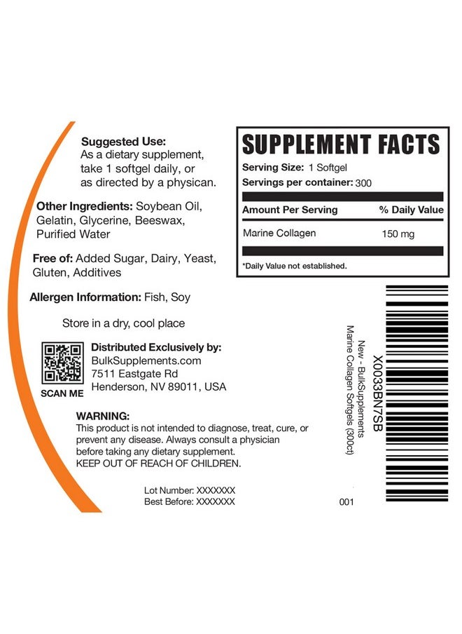 بالك سابلمنتس - كبسولات الكولاجين البحرية الناعمة من BulkSupplements.com - مكمل الكولاجين، حبوب الكولاجين من الأسماك، حبوب ببتيدات الكولاجين البحرية - خالية من الجلوتين، كبسولة هلامية واحدة لكل وجبة (150 مجم)، 300 كبسولة هلامية - Image 1