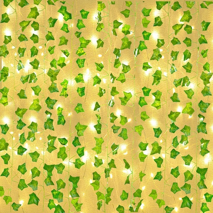 12 Pcs Artificial Ivy Garland Fake Vines with 65 Ft Lights String 200 LED Decor Faux Green Hanging Plant Greenery for Wall Party Wedding Room Home Kitchen Indoor Outdoor Decoration