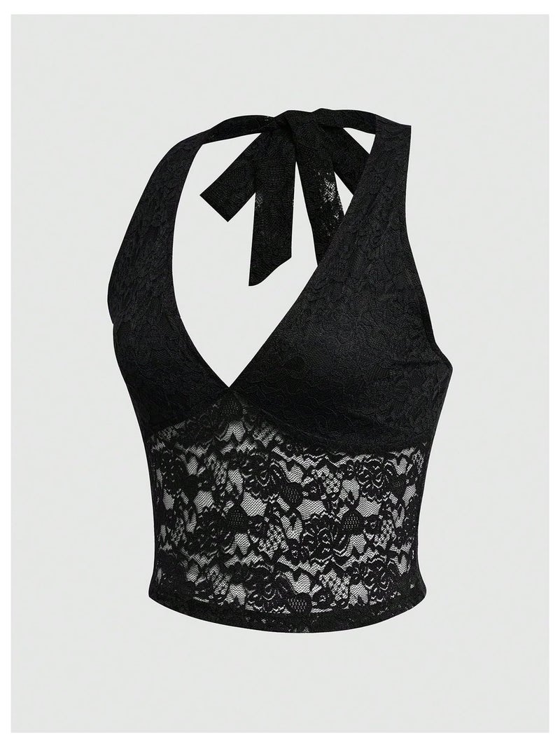 MakeMeChic Women's Lace Halter Top Backless Sexy Cut Festival Rave Going Out Tops Black Large - Image 5