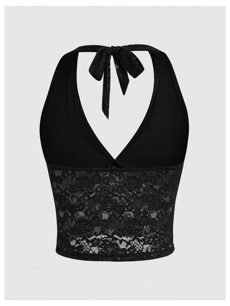 MakeMeChic Women's Lace Halter Top Backless Sexy Cut Festival Rave Going Out Tops Black Large - Image 4