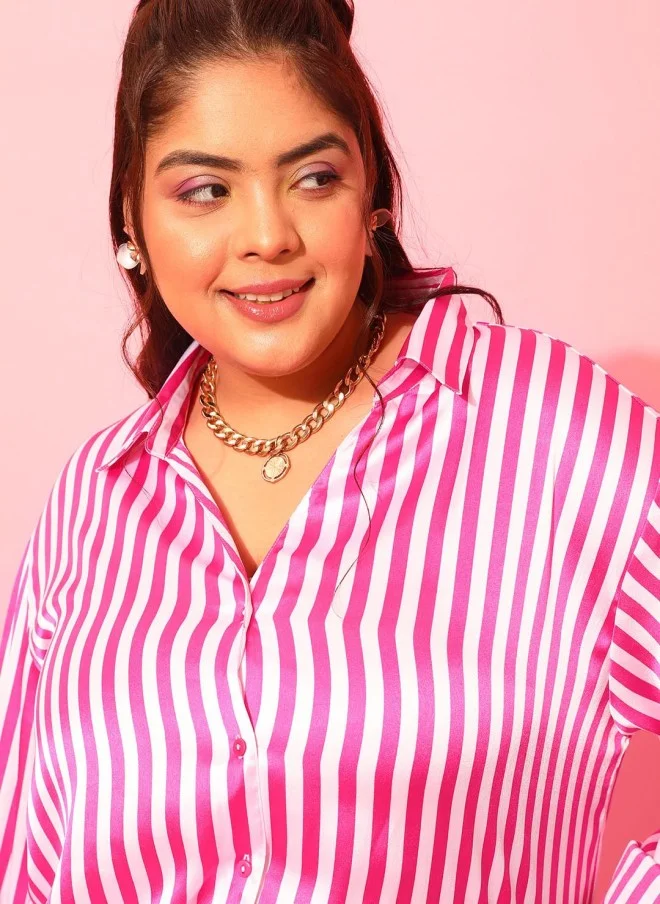 CURVY STREET Plus Size Pink & White Striped Satin Shirt for Women