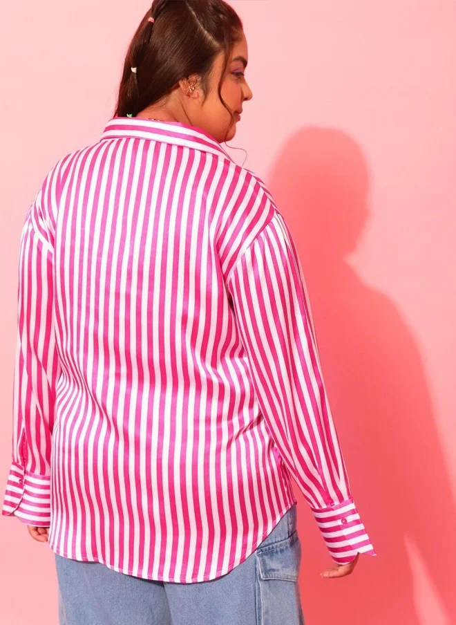 CURVY STREET Plus Size Pink & White Striped Satin Shirt for Women