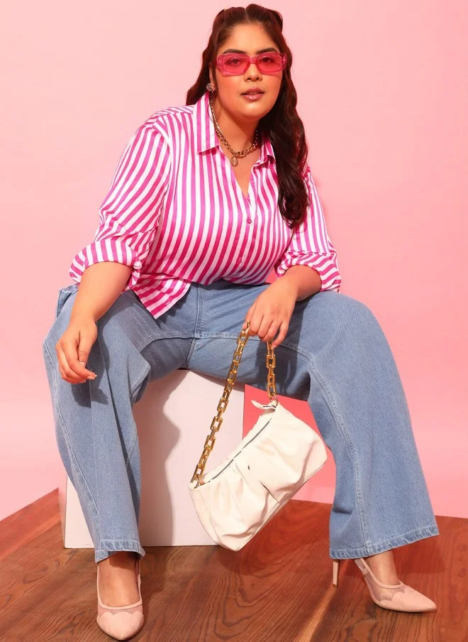 CURVY STREET Plus Size Pink & White Striped Satin Shirt for Women