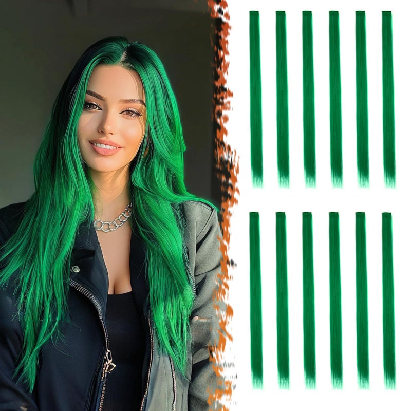 BARSDAR Green Clip in Hair Extensions  Colored Green Hair Extensions for Women  22 Inch 12 PCs Colorful Highlights Hair Straight Synthetic Christmas Halloween St Patricks Day Hairpieces