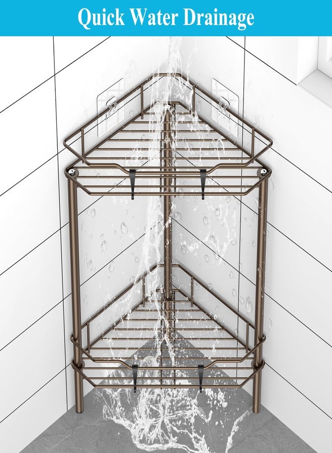 HuggieGems 2 Tier Floor Standing Corner Shower Caddy Organizer Shelf with Hooks, Bathroom Shelves Stand Rack, Bronze - Image 4