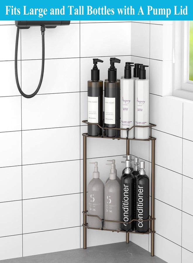 HuggieGems 2 Tier Floor Standing Corner Shower Caddy Organizer Shelf with Hooks, Bathroom Shelves Stand Rack, Bronze - Image 3